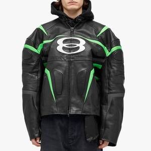 NEW BALENCIAGA light semi shiny leather racer jacket in black/green